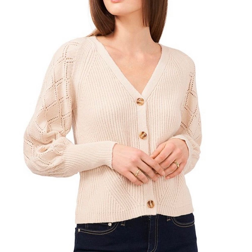 1. State Stitch Detail Long Bishop Sleeve V- Neck Button Front Cardigan Size S